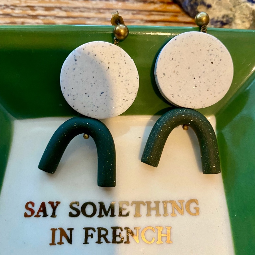 Granite and Dark Green/Grey Arch Shaped Polymer Clay Statement Earrings